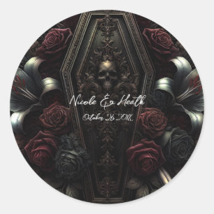 Sticker Rond Fleur sombre et morbide Crâne Cercueil Mariage got