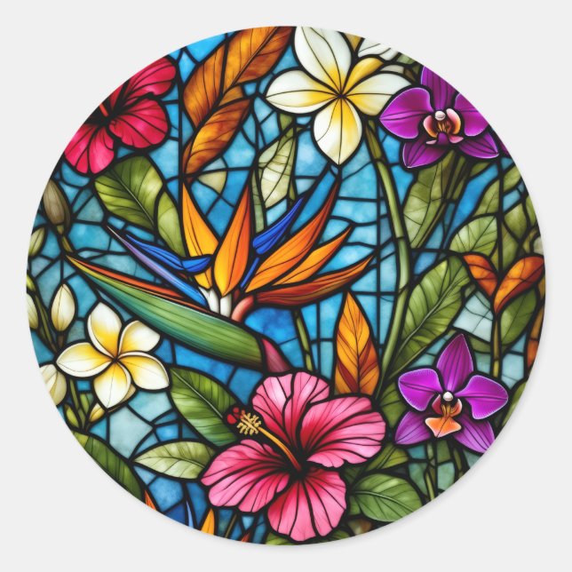 Sticker Rond Fleur tropicale en vitrail floral vibrant  (Devant)