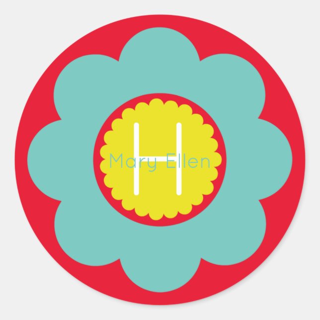 Sticker Rond Fleur Turquoise claire et jaune sur Monogramme rou (Devant)