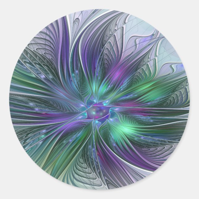 Sticker Rond Fleur verte abstraite moderne fractale violette (Devant)