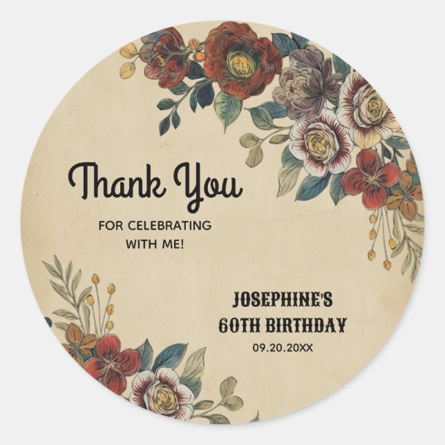 Sticker Rond Fleur Vintage Anniversaire Merci (Devant)