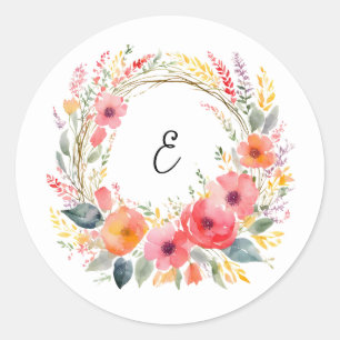 Sticker Rond Fleur Wreath Élégant Joli Aquarelle Monogramme