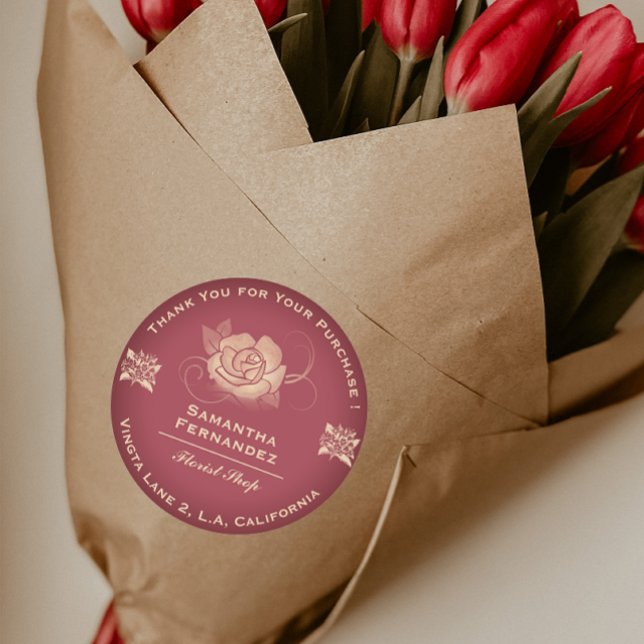 Sticker Rond Fleuriste Rose Fleur Rouge & Beige Business (Créateur téléchargé)