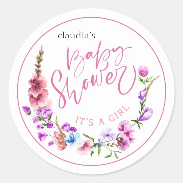 Sticker Rond fleurit rose et violet aquarelle fleurie babyshowe (Devant)