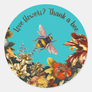 STICKER ROND FLEURS, ABEILLE À MIEL DANS LE CIEL BLEU FLORAL AP