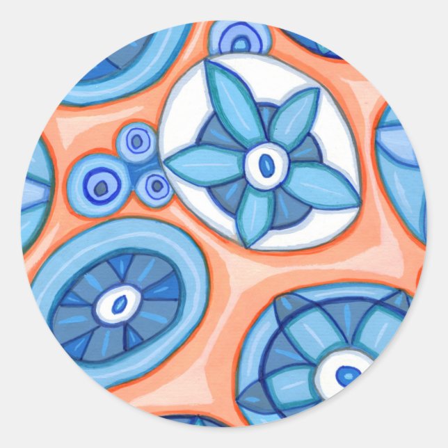 Sticker Rond Fleurs Abstraites bleues et orange Peinture origin (Devant)