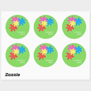 STICKER ROND FLEURS ABSTRAITES COLORÉES VERT BLEU ROUGE NOM