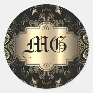 Sticker Rond Fleurs Abstraites Monogramme Noir Et Or