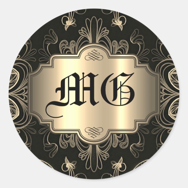 Sticker Rond Fleurs Abstraites Monogramme Noir Et Or   (Devant)