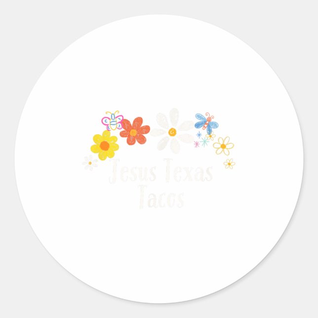 Sticker Rond Fleurs amusantes Graphisme Jésus Texas Tacos Dit F (Devant)
