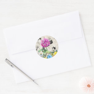 Sticker Rond Fleurs aquarelle, Fleur sauvage, journal Vintage