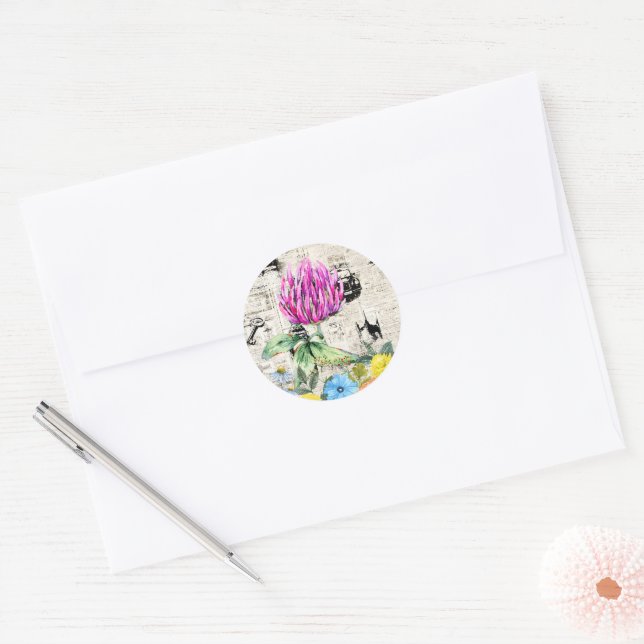 Sticker Rond Fleurs aquarelle, Fleur sauvage, journal Vintage (Enveloppe)