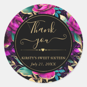 Sticker Rond Fleurs aquarelle violettes et dorées Sweet Sixteen