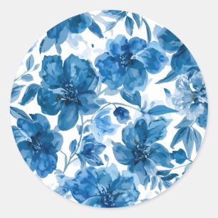 Sticker Rond Fleurs aquarelles bleues élégantes