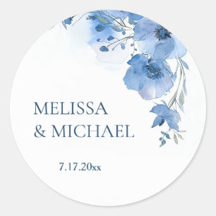 Sticker Rond Fleurs aquarelles bleues mariage