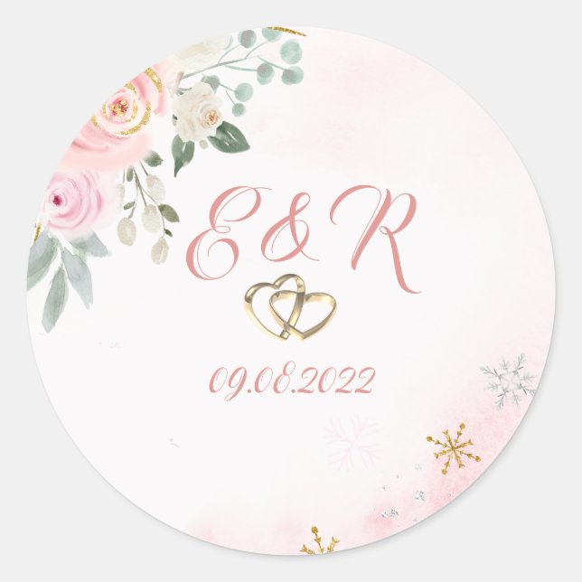 Sticker Rond Fleurs aquarelles flocons de neige Mariage (Devant)