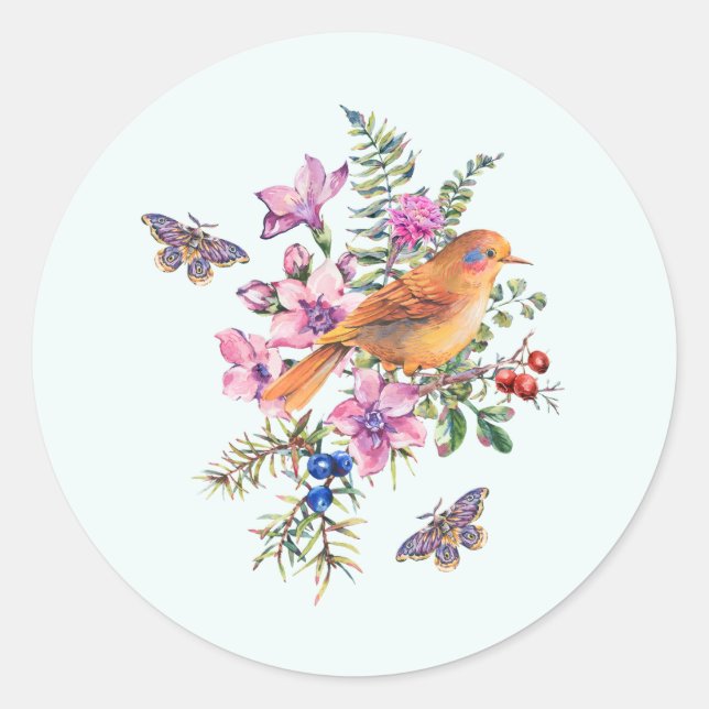 Sticker Rond Fleurs aquarelles, oiseaux et papillons (Devant)