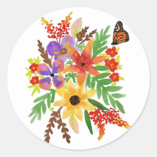 Sticker Rond Fleurs aquarelles orange rouge jaune Papillon 