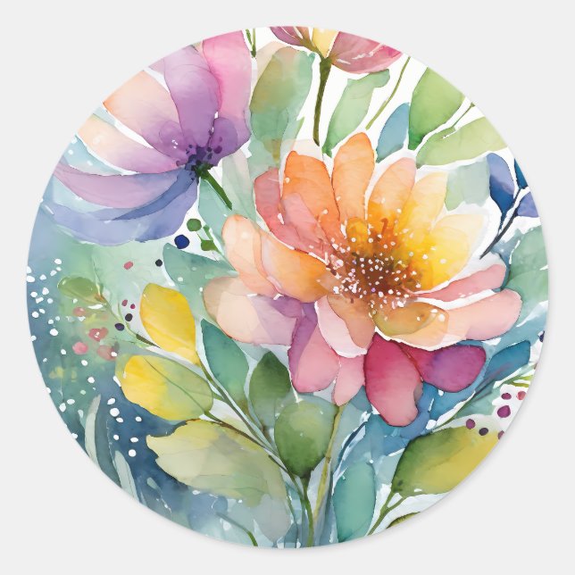Sticker Rond Fleurs aquarelles printanières pastel inspirées de (Devant)