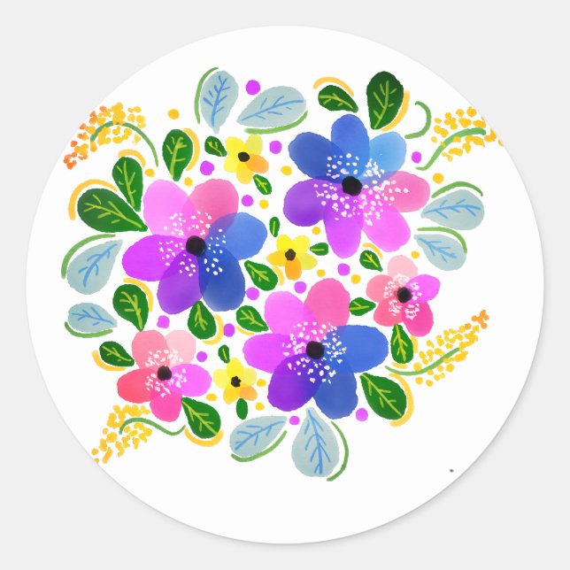 Sticker Rond Fleurs aquarelles rose violet bleu  (Devant)