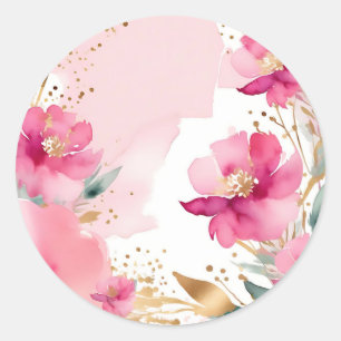 Sticker Rond Fleurs Aquarelles Roses Douces Avec Or