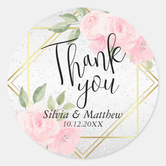 Sticker Rond Fleurs aquarelles roses et paillettes blanches (Devant)