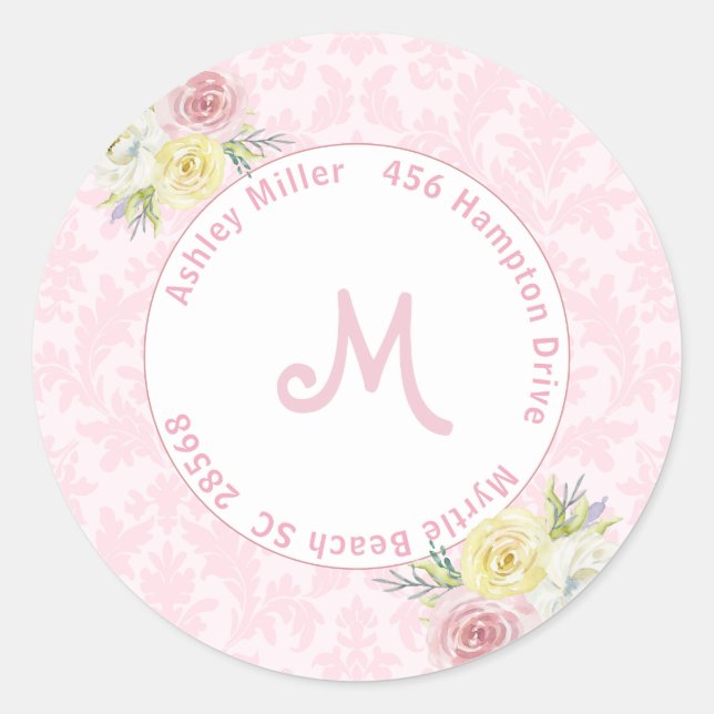 Sticker Rond Fleurs aquarelles roses personnalisables Adresse  (Devant)