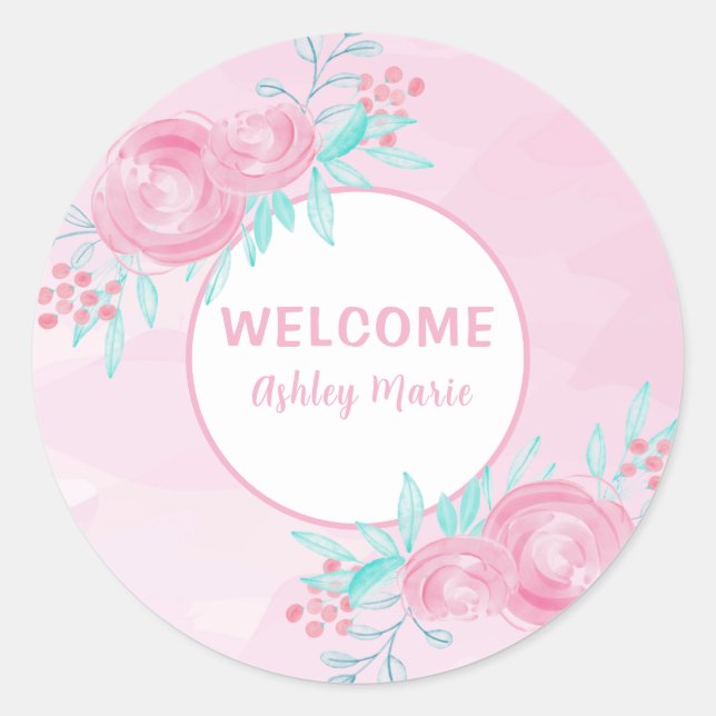 Sticker Rond Fleurs aquarelles roses personnalisables Bienvenue (Devant)