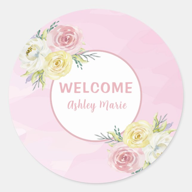 Sticker Rond Fleurs aquarelles roses personnalisables Bienvenue (Devant)
