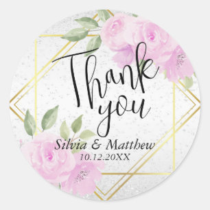 Sticker Rond Fleurs aquarelles très roses et paillettes blanche