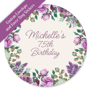 Sticker Rond Fleurs aquarelles vert menthe violet pour 75e anni