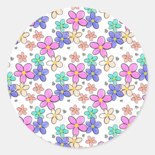 Sticker Rond fleurs arc-en-ciel colorées lumineuses abeilles bo