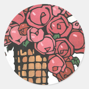 Sticker Rond Fleurs Art Déco Vintage, Roses de jardin roses