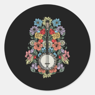 Sticker Rond Fleurs Banjo à cordes Bluegrass Folk Floral