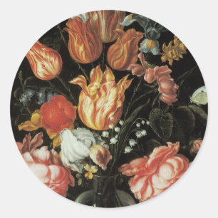 Sticker Rond Fleurs Baroques Antiques, Tulipes et Roses dans un