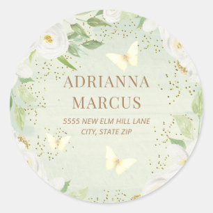 Sticker Rond Fleurs blanches Adresse de Baby Shower dans la cou