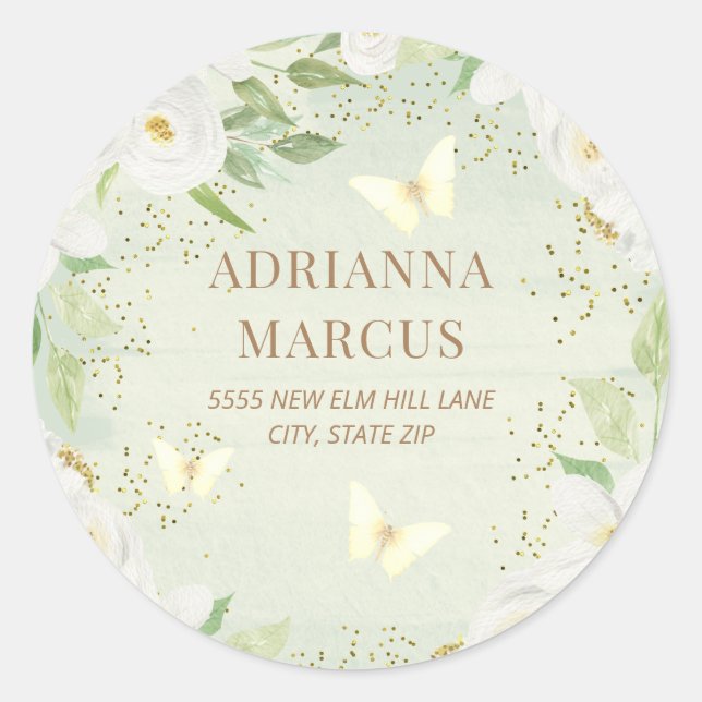 Sticker Rond Fleurs blanches Baby shower de Jardin vert Adresse (Devant)