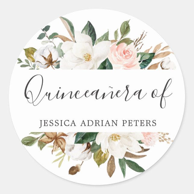 Sticker Rond Fleurs blanches et bleues Quinceanera Party Favori (Devant)