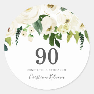 Sticker Rond Fleurs blanches et élégant crème 90e anniversaire