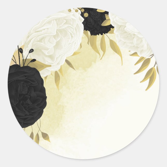 Sticker Rond fleurs blanches noires or feuille mariage (Devant)