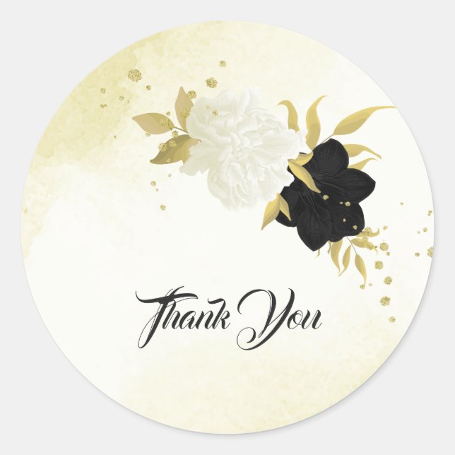 Sticker Rond fleurs blanches noires or feuille mariage (Devant)