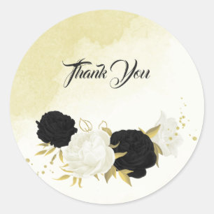 Sticker Rond fleurs blanches noires or feuille mariage