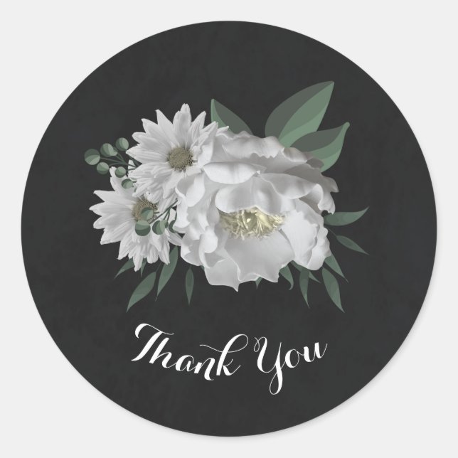 Sticker Rond fleurs blanches romantiques & feuilles verts noir (Devant)