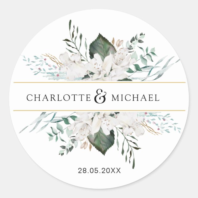 Sticker Rond Fleurs blanches simples et élégantes mariage (Devant)