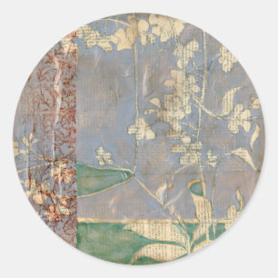 Sticker Rond Fleurs blanches sur Arrière - plan de papier journ