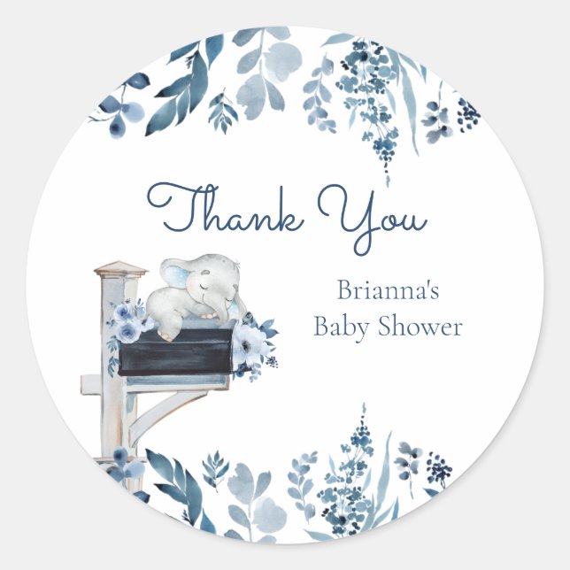 Sticker Rond Fleurs bleu éléphant Baby shower par courrier (Devant)