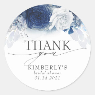 Sticker Rond Fleurs Bleu Poussiéreux Élégant Merci