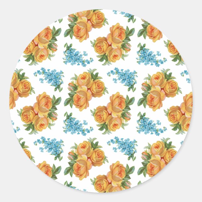 Sticker Rond Fleurs bleu rose jaune Motif Vintage (Devant)