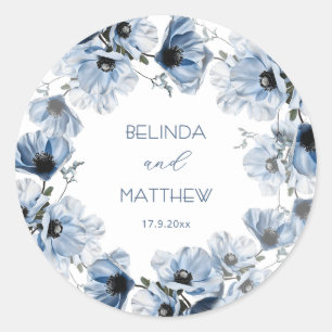 Sticker Rond Fleurs Bleues Artistiques Mariage