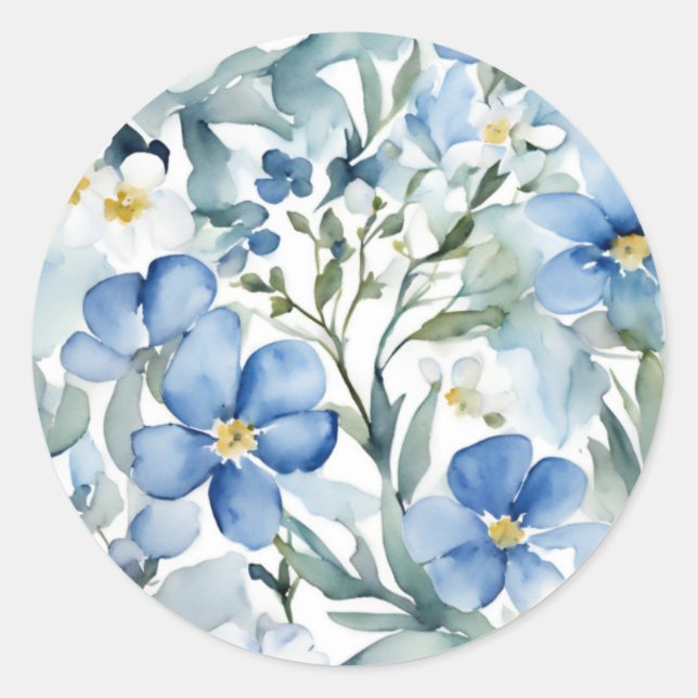 Sticker Rond Fleurs Bleues Blanches Aquarelle Chic (Devant)